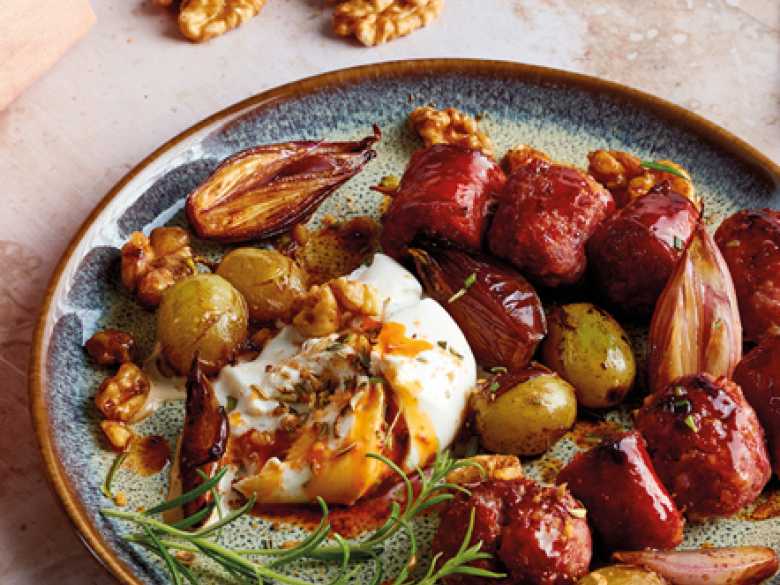 Grillspieße mit Burrata und Walnuss-Dukkah